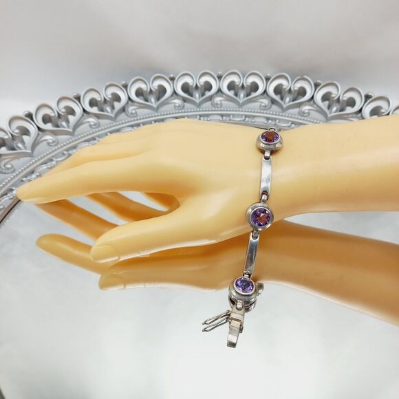 Vtg BOMA Sterling Silver 925 Natural Amethyst Link Bracelet - Picture 6 of 12